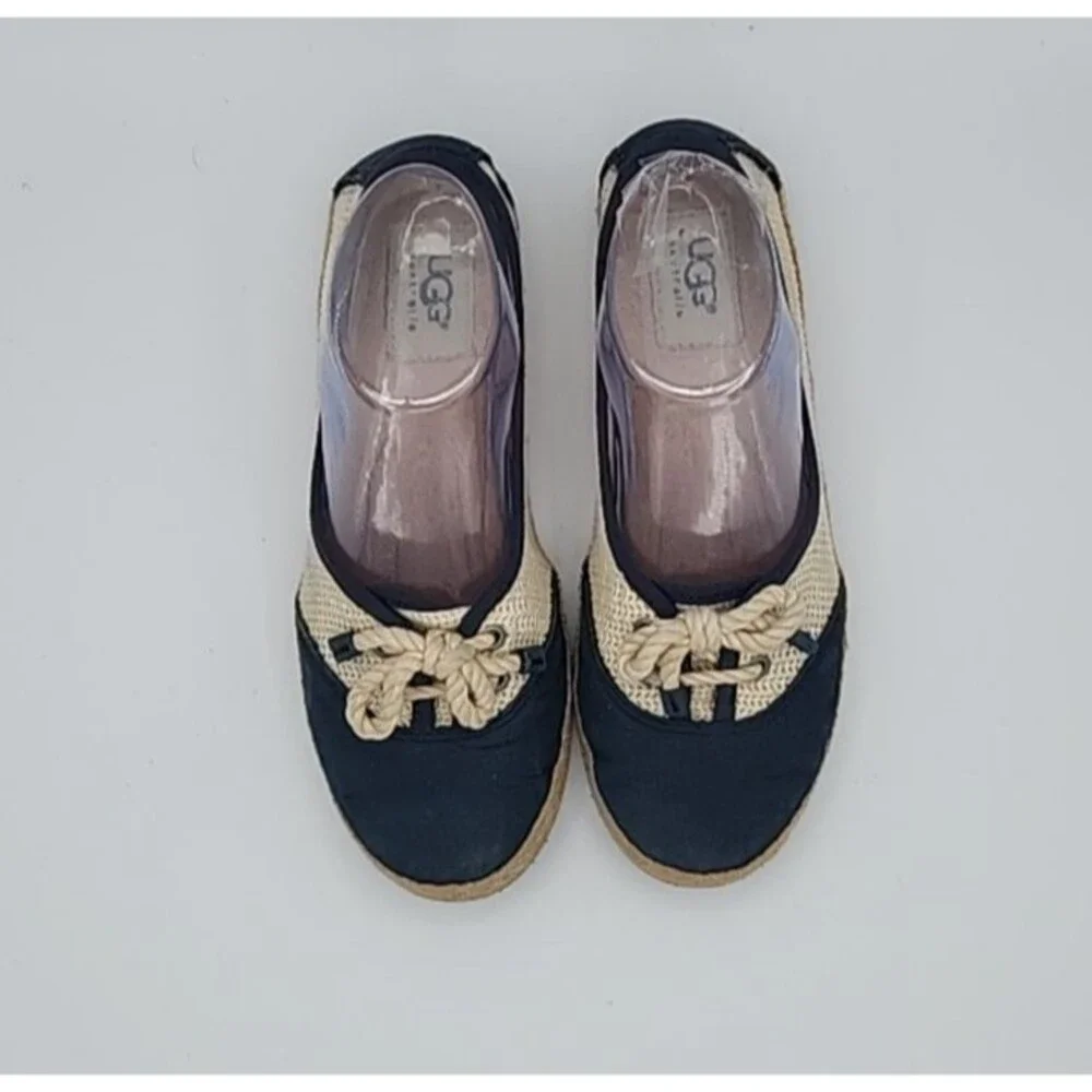 Ugg Espadrille Flat Shoes Womens Sz 6 Blue Cream Slip On Nautical Beachy Comfort
